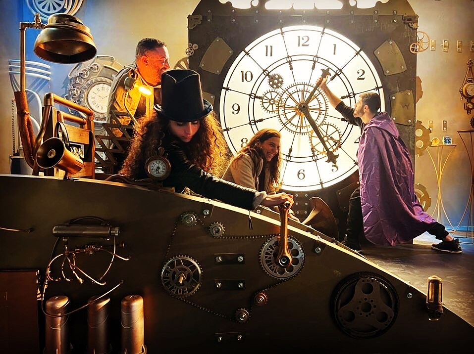 Guests inside an immersive Maze of Tales steampunk story world